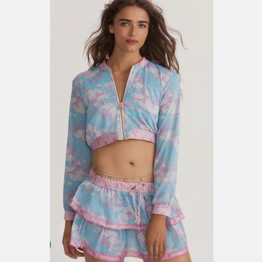 NWT LoveShackFancy x Hurley Under the Sea Cropped Bomber & Tiered Mini Skirt